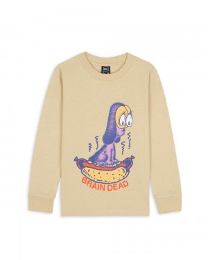 Beige Brain Dead Hot Dog Kids Long Sleeve T-Shirt | USA SXRJ75918