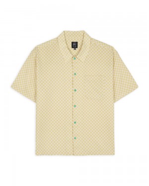 Beige Brain Dead Micro Check Short Sleeve Snap Shirt | USA ELHM12906