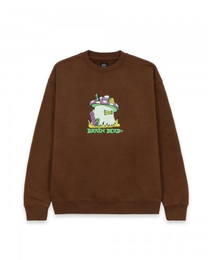 Brown Brain Dead Mushroom House Crewneck Sweatshirt | USA JZFQ72183