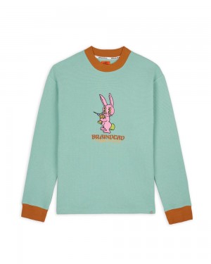 Green Brain Dead Dickies Bunny Drill Embroidered Waffle Mockneck Long Sleeve T-Shirt | USA GNWJ87019