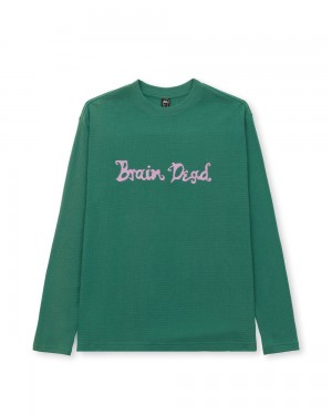 Green Brain Dead Embroidered Waffle Long Sleeve T-Shirt | USA XGCQ74291