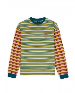 Green Brain Dead Nineties Blocked Striped Long Sleeve T-Shirt | USA VLPR19657