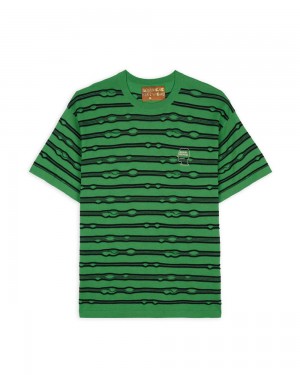 Green Brain Dead Puckered Striped T-Shirt | USA DXGH29704