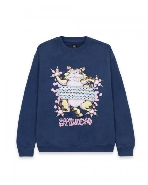 Navy Brain Dead Relaxed Cat Crewneck Sweatshirt | USA QTJY69532