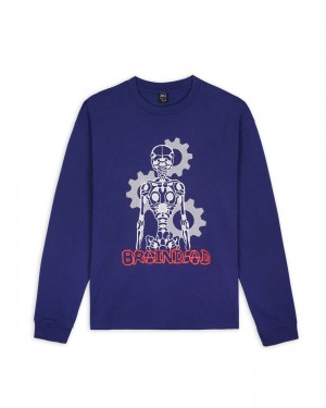 Navy Brain Dead Skeletal Gear Long Sleeve T-Shirt | USA VXOP43561