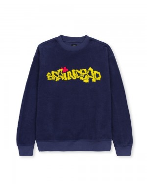 Navy Brain Dead Slime Reverse Fleece Crewneck Sweatshirt | USA NXLH91867