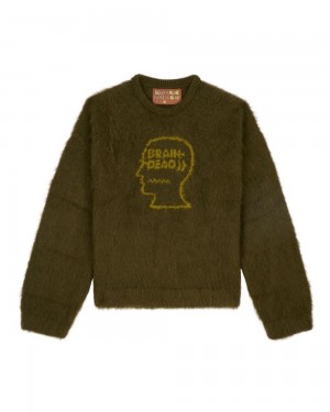 Olive Brain Dead Uni Logo Head Knit Sweater | USA HYIJ36805