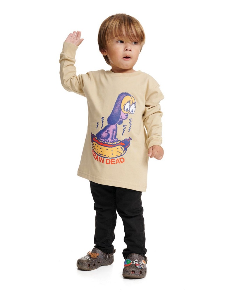 Beige Brain Dead Hot Dog Kids Long Sleeve T-Shirt | USA SXRJ75918