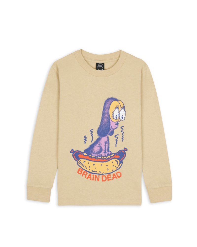 Beige Brain Dead Hot Dog Kids Long Sleeve T-Shirt | USA SXRJ75918