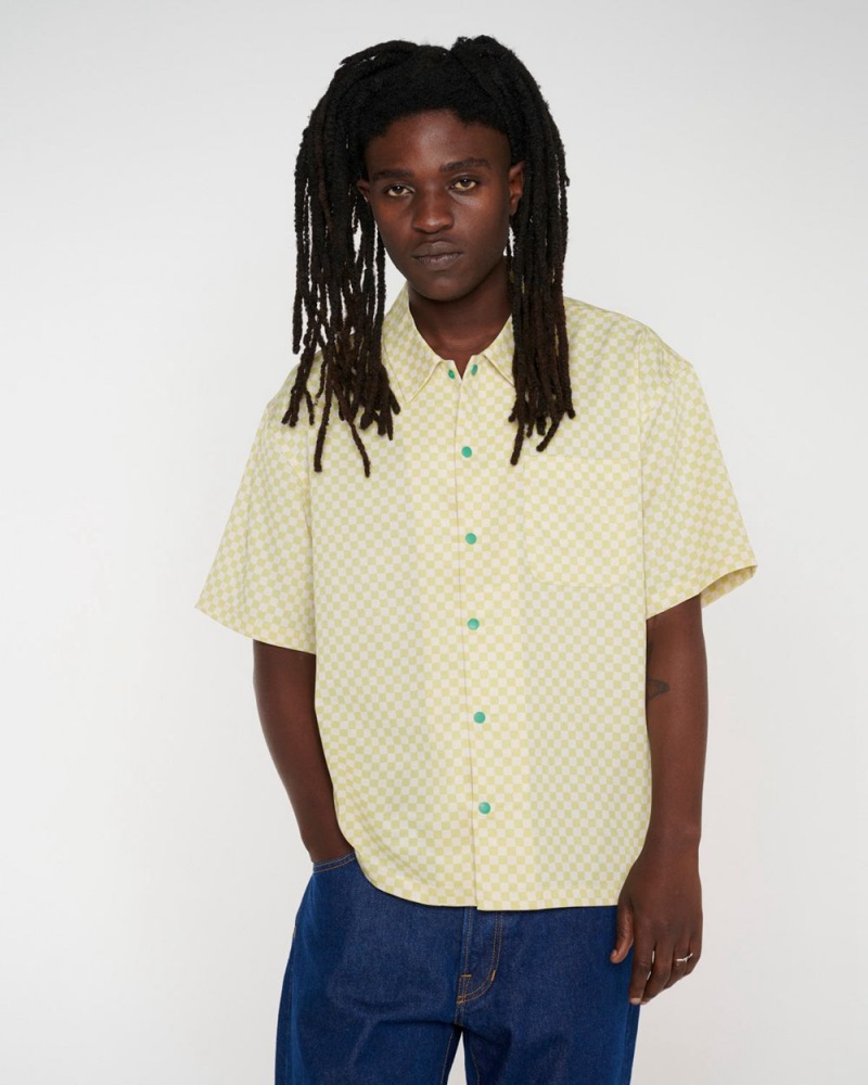 Beige Brain Dead Micro Check Short Sleeve Snap Shirt | USA ELHM12906