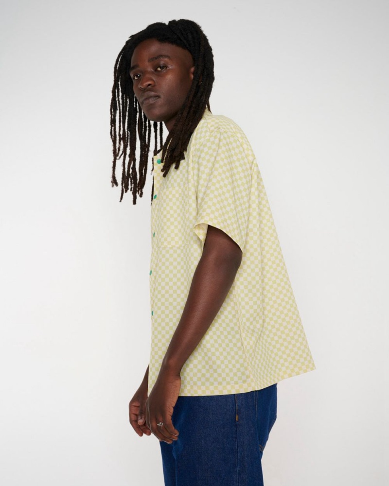 Beige Brain Dead Micro Check Short Sleeve Snap Shirt | USA ELHM12906