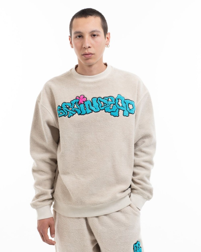 Beige Brain Dead Slime Reverse Fleece Crewneck Sweatshirt | USA UJFZ35724