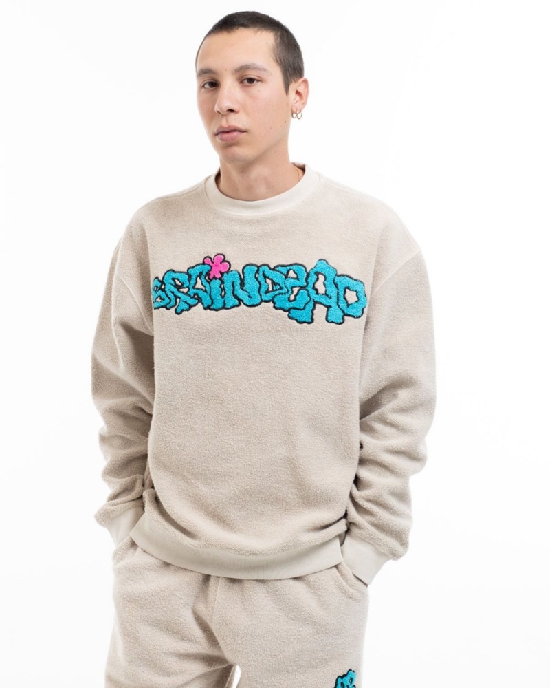 Beige Brain Dead Slime Reverse Fleece Crewneck Sweatshirt | USA UJFZ35724