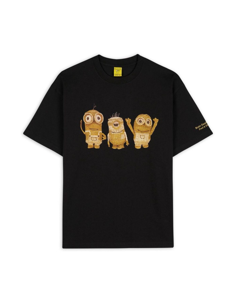 Black Brain Dead X Minions Woven Kevin Carl Dave T-Shirt | USA BJYK49063