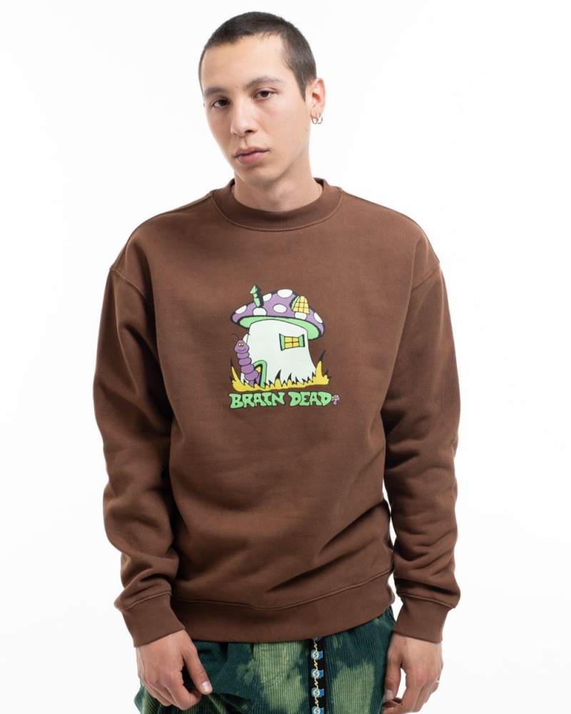 Brown Brain Dead Mushroom House Crewneck Sweatshirt | USA JZFQ72183