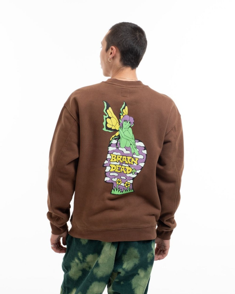 Brown Brain Dead Mushroom House Crewneck Sweatshirt | USA JZFQ72183