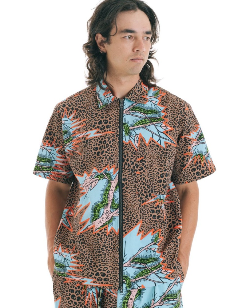 Brown Brain Dead Mutated Cheetah Full Zip Short Sleeve Shirt | USA POKJ32650