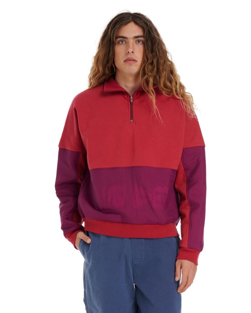 Burgundy Brain Dead Gastromaniac Overlay Half Zip Fleece Sweater | USA WXAJ82395