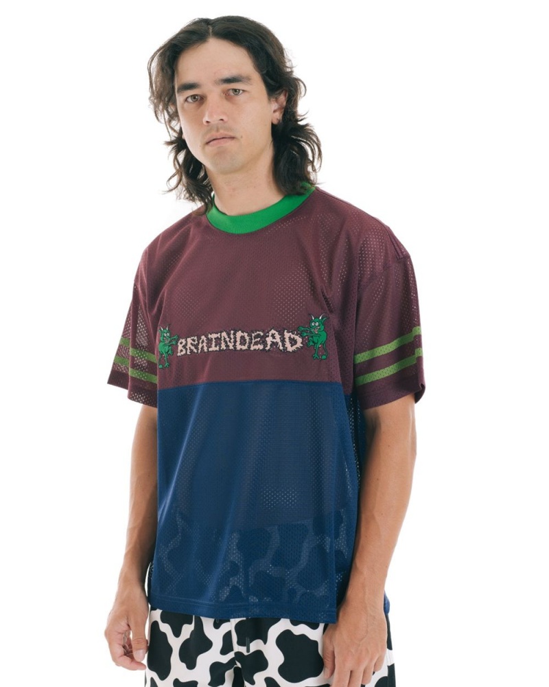 Burgundy Brain Dead Paneled Football Mesh T-Shirt | USA LVKP08523