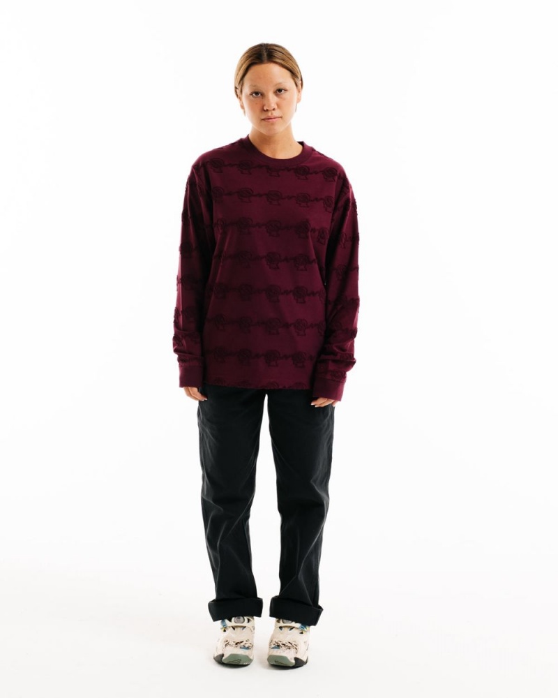 Burgundy Brain Dead Running Head Textured Stripe Long Sleeve T-Shirt | USA QGXY83625