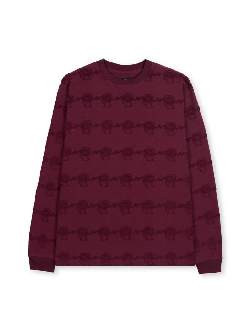 Burgundy Brain Dead Running Head Textured Stripe Long Sleeve T-Shirt | USA QGXY83625