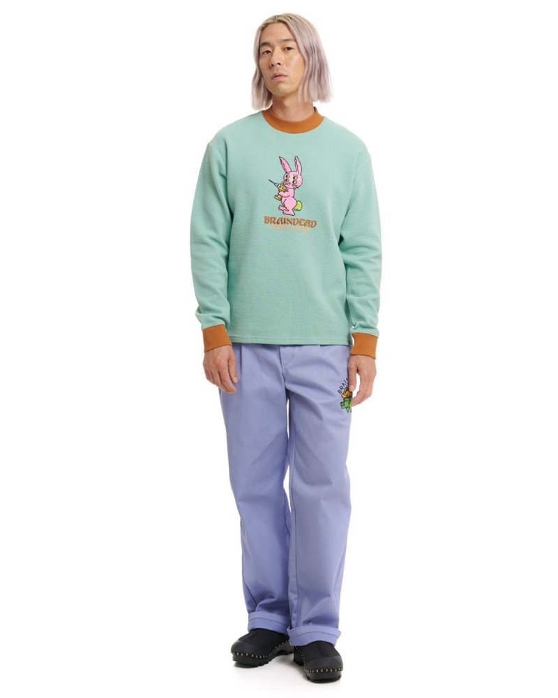 Green Brain Dead Dickies Bunny Drill Embroidered Waffle Mockneck Long Sleeve T-Shirt | USA GNWJ87019