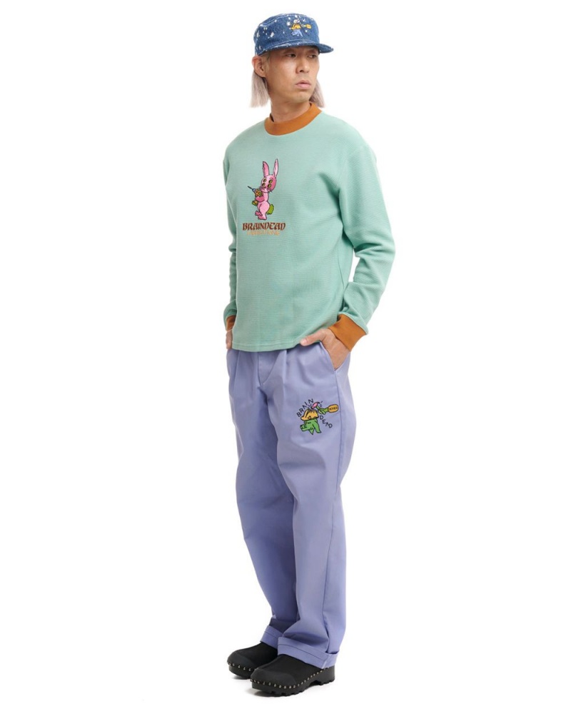 Green Brain Dead Dickies Bunny Drill Embroidered Waffle Mockneck Long Sleeve T-Shirt | USA GNWJ87019