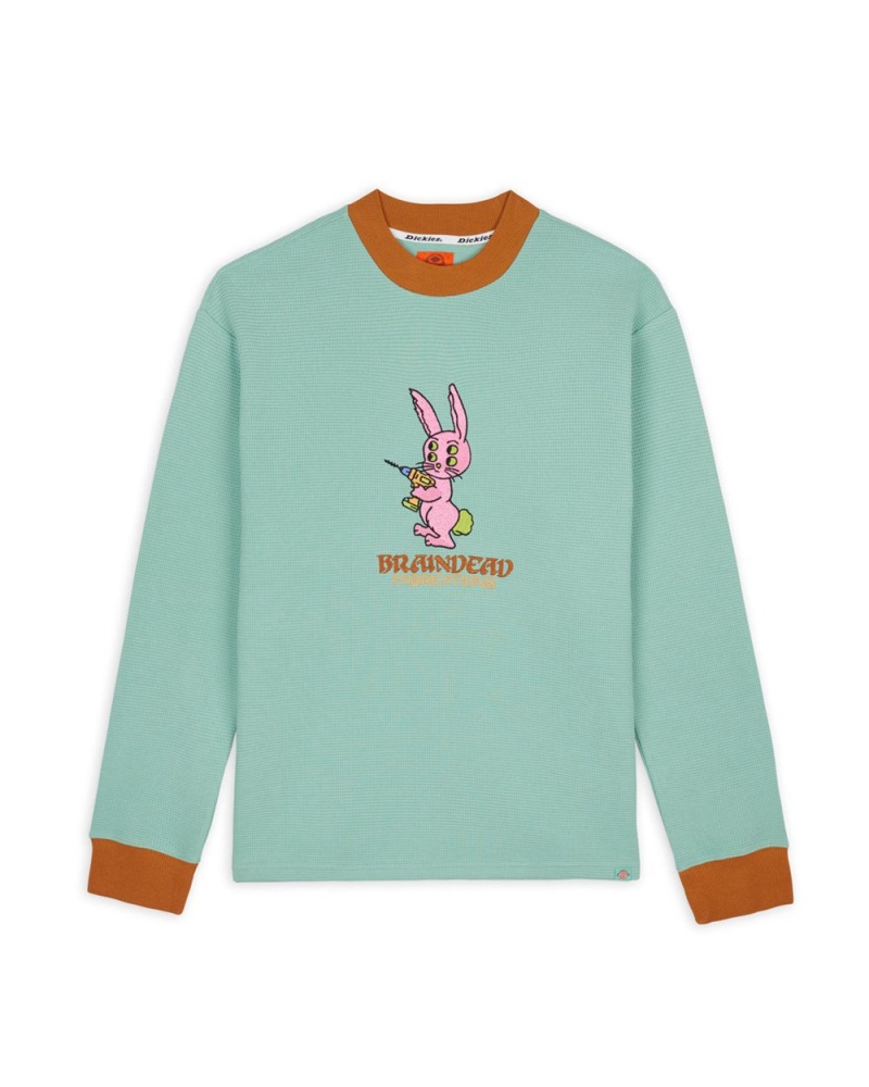 Green Brain Dead Dickies Bunny Drill Embroidered Waffle Mockneck Long Sleeve T-Shirt | USA GNWJ87019