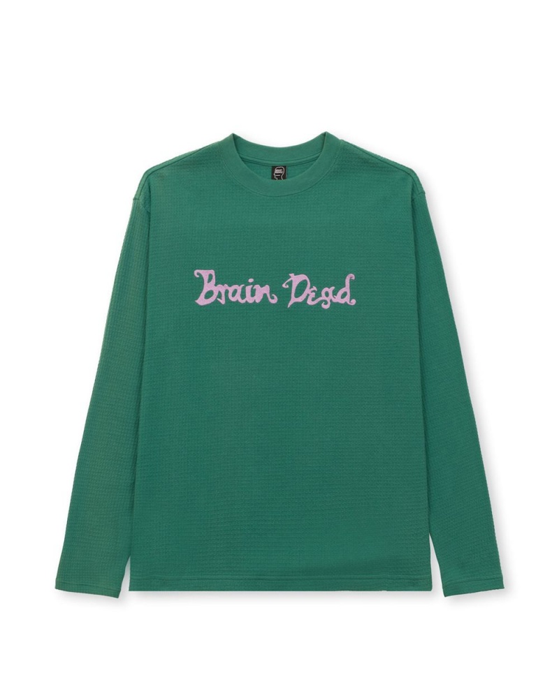 Green Brain Dead Embroidered Waffle Long Sleeve T-Shirt | USA XGCQ74291