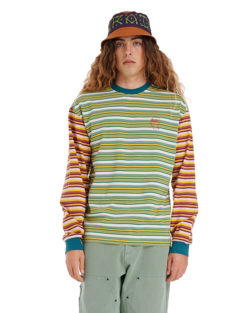 Green Brain Dead Nineties Blocked Striped Long Sleeve T-Shirt | USA VLPR19657