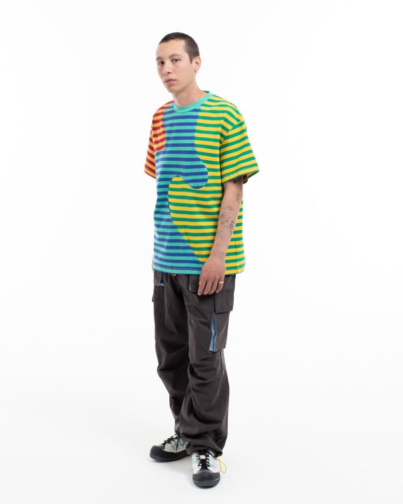 Green Brain Dead Organic Paneled Stripe T-Shirt | USA DBAN52719