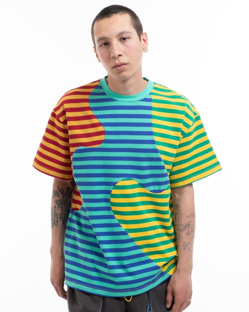 Green Brain Dead Organic Paneled Stripe T-Shirt | USA DBAN52719