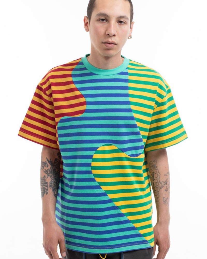 Green Brain Dead Organic Paneled Stripe T-Shirt | USA DBAN52719