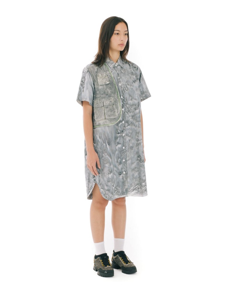 Grey Brain Dead Liquid Dye Utility Shirt Dress | USA VWBU73208