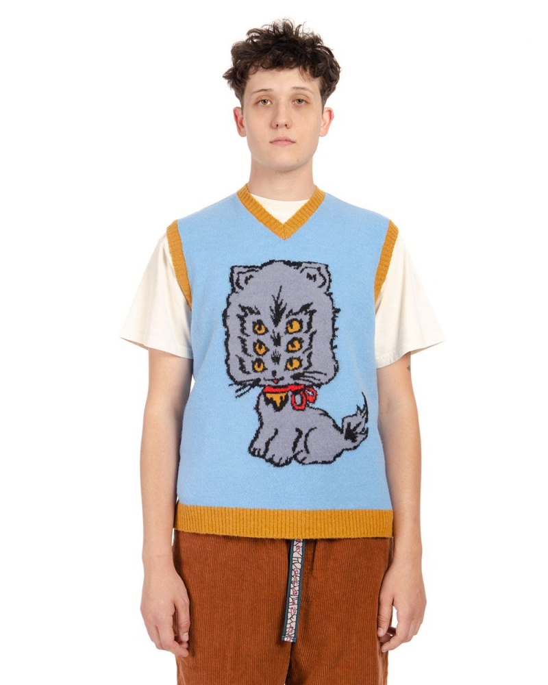 Light Blue Brain Dead Kitty Cat Sweater Vest | USA XFDC91768