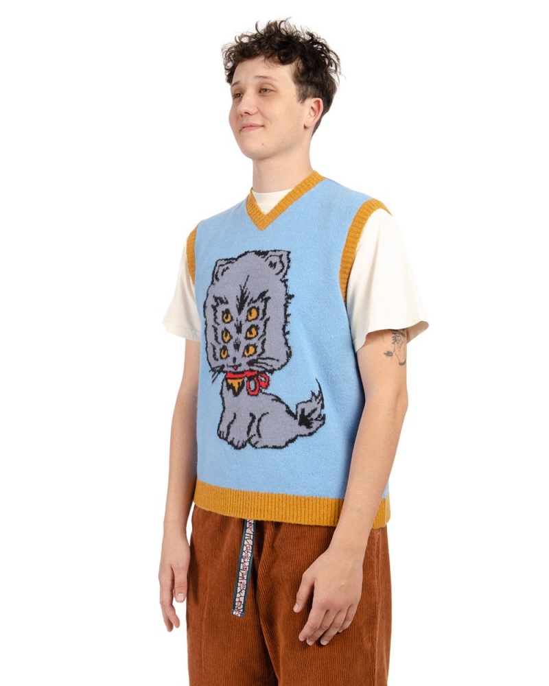 Light Blue Brain Dead Kitty Cat Sweater Vest | USA XFDC91768