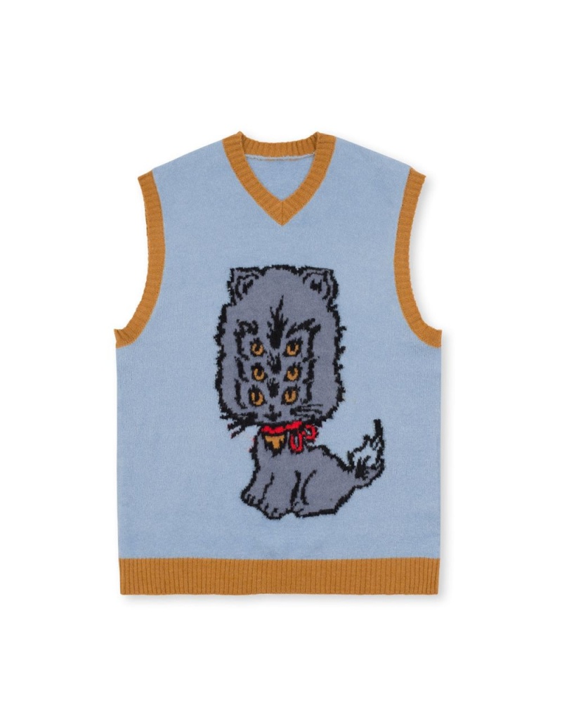 Light Blue Brain Dead Kitty Cat Sweater Vest | USA XFDC91768