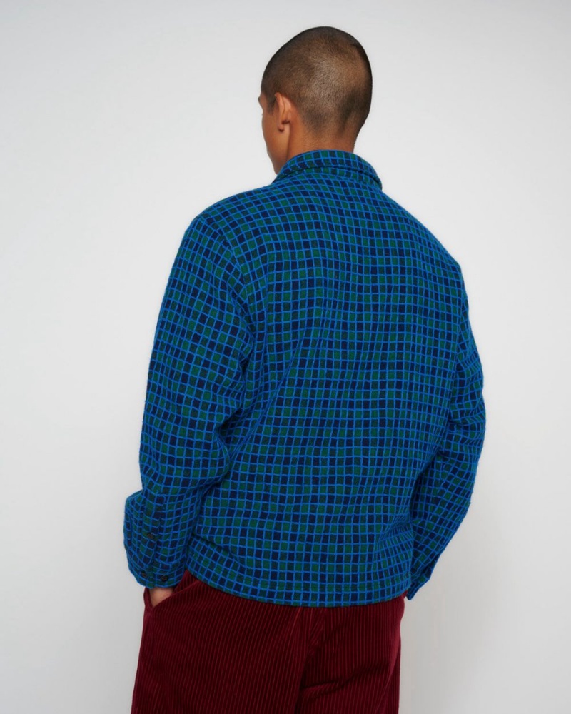 Navy Brain Dead Check Mate Flannel Zip Shirt | USA VUIX18056