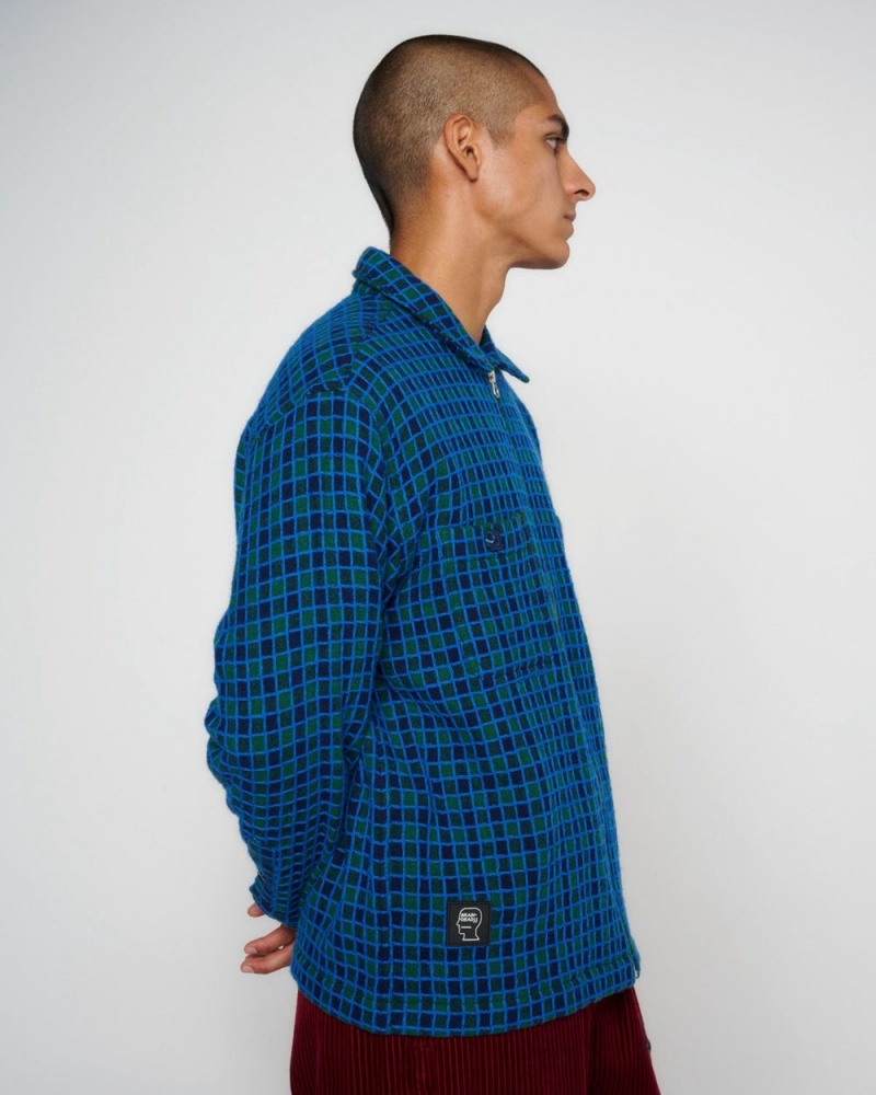 Navy Brain Dead Check Mate Flannel Zip Shirt | USA VUIX18056