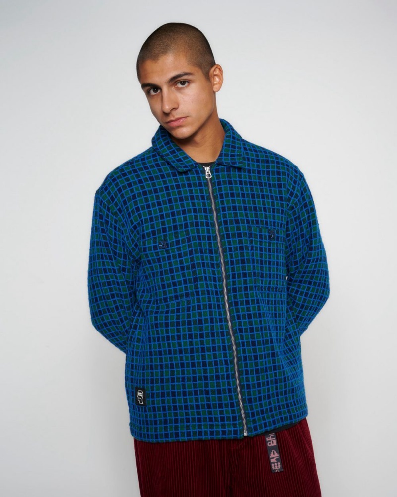 Navy Brain Dead Check Mate Flannel Zip Shirt | USA VUIX18056