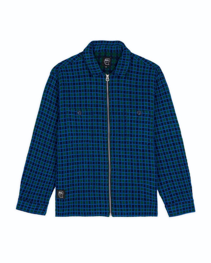 Navy Brain Dead Check Mate Flannel Zip Shirt | USA VUIX18056