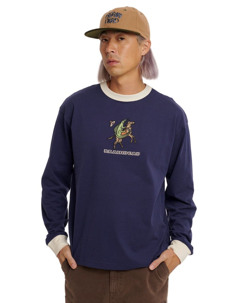 Navy Brain Dead Get Bucked Long Sleeve Ringer T-Shirt | USA OPMN73528