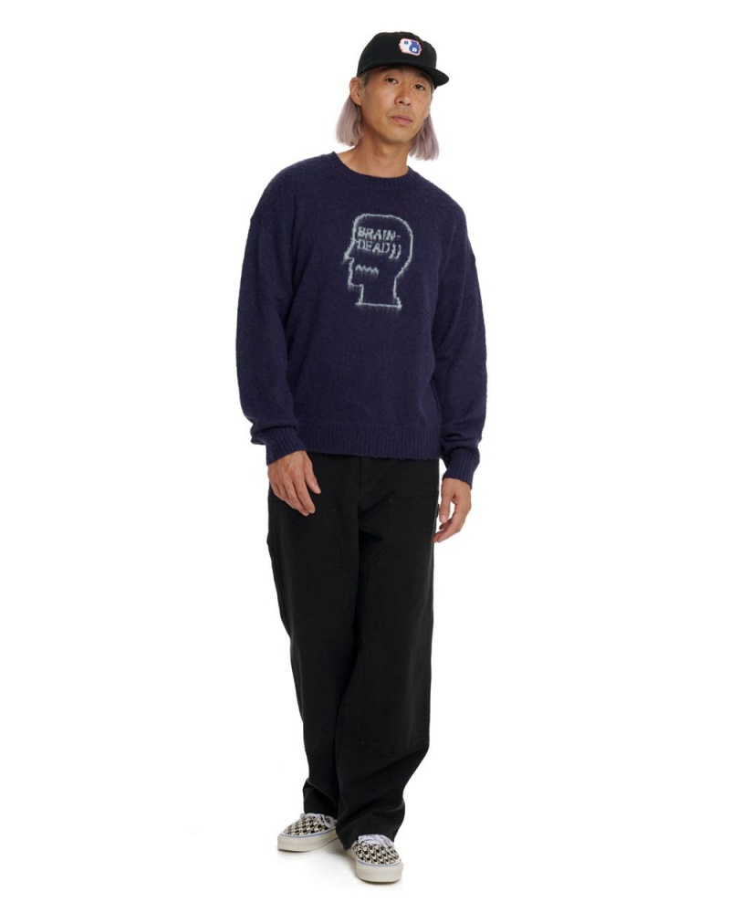 Navy Brain Dead Logohead Pile Crewneck Sweater | USA GRXO12507