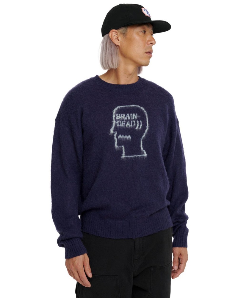 Navy Brain Dead Logohead Pile Crewneck Sweater | USA GRXO12507