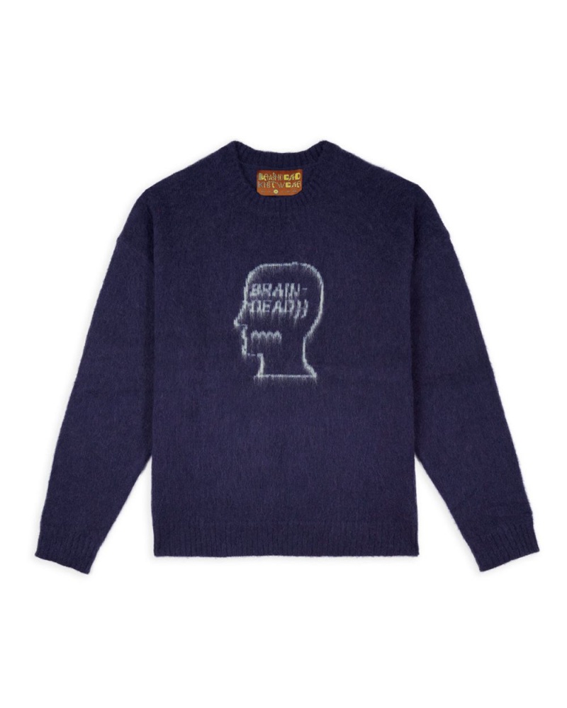 Navy Brain Dead Logohead Pile Crewneck Sweater | USA GRXO12507