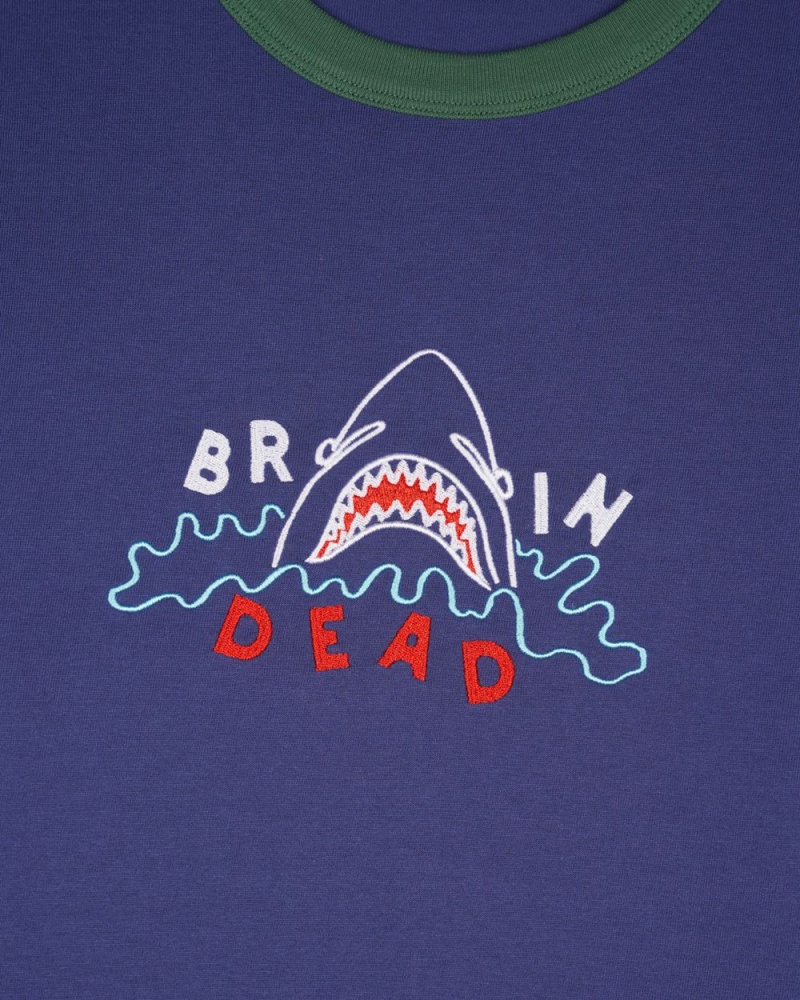 Navy Brain Dead Shark Attack Ringer T-Shirt | USA ZTPF69238