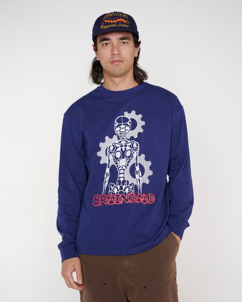 Navy Brain Dead Skeletal Gear Long Sleeve T-Shirt | USA VXOP43561