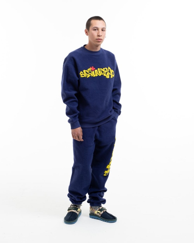 Navy Brain Dead Slime Reverse Fleece Crewneck Sweatshirt | USA NXLH91867