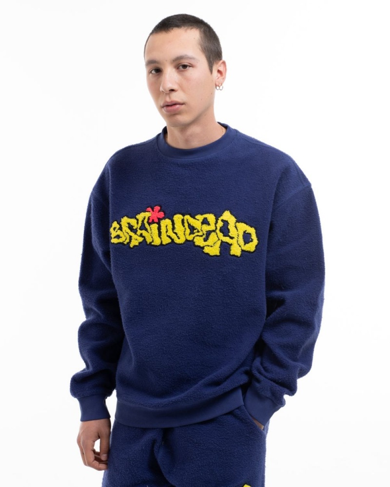 Navy Brain Dead Slime Reverse Fleece Crewneck Sweatshirt | USA NXLH91867