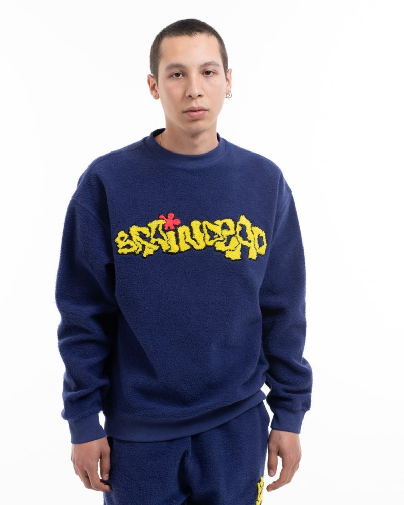 Navy Brain Dead Slime Reverse Fleece Crewneck Sweatshirt | USA NXLH91867